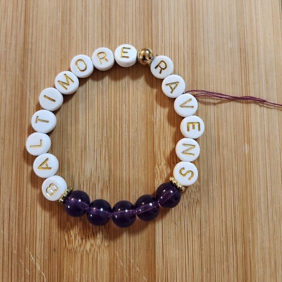 Hand Crafted Jewelry - Hand Crafted Stretch Bracelet Purple White Gold Baltimore Ravens